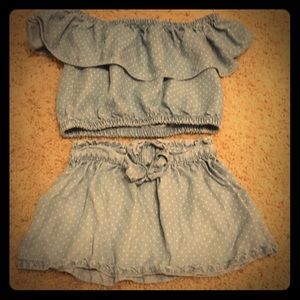 Denim polkadot crop top with matching skirt